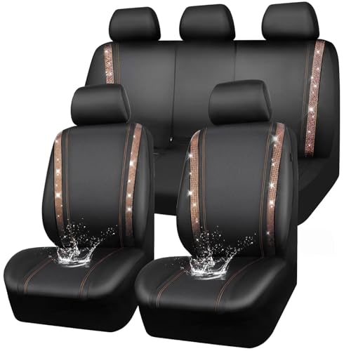 Image of CAR PASS Bling Diamond Car Seat Covers Full Sets, Shining Rhinestone Waterproof Faux Leather, with Zipper, Universal Fit Automotive Glitter Crystal Sparkle Strips Cute Women Girl, Champagne Gold