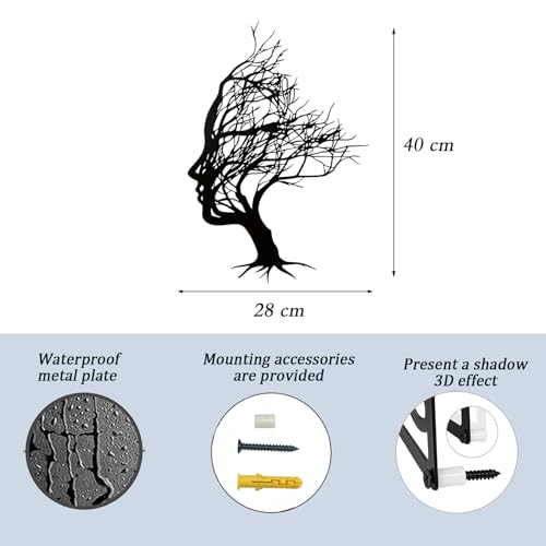 Huspox Abstract Tree Face Metal Wall Art Decor 40x28cm, Tree of Life Women Face Wall Hanging Sculpture Black - Image 5