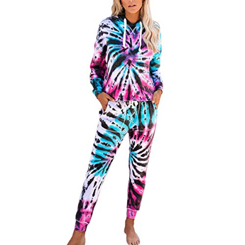 Women 2 Piece Tie Dye Printed Tracksuits Sets Long Sleeve Hoodie Tops Casual Long Pants Homewear Loungewear Outfit Sets (S, A-Black Printed)