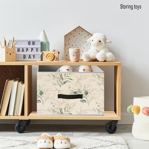 Image of Sage Green Eucalyptus Storage Bins, Watercolor Plant Botanical Collapsible Fabric Storage Basket Organizer for Clothes Toys Books Home Bedroom Living Room