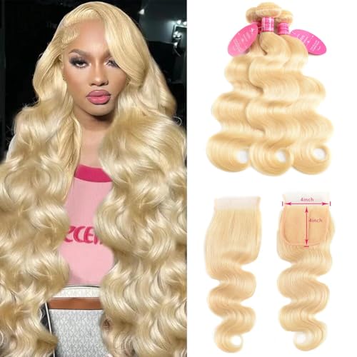 YISEA 613 Honey Blonde Bundles with Closure 12A Body Wave Human Hair Blonde Bundles with Lace Closure 100% Virgin Hair 4×4 Lace Closure and Bundles (14 16 18+12, 613#)