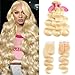 613 Blonde Bundles with Closure Brazilian Body Wave 3 Bundles with Closure Blonde Human Hair Bundles with Closure Remy Hair(14 16 18 + 12, 613#)