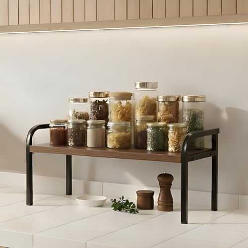 Image of ABJA Kitchen Stylish Counter Top Organizer, Rack Stand for Storage, Wooden Shelf, Spice Rack Organizer, Oil Stand, Tabletop Rack For Makeup, Office (1Tier,Rustic Brown)