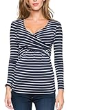 SamHeng Women Long Sleeve Maternity Tops Nursing T-Shirt Lift-up Breastfeeding Shirts V Neck Nursing Top Striped Pregnancy Clothes(Navy, L)