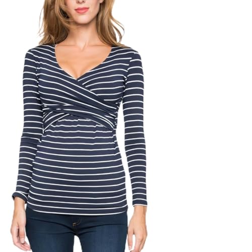 SamHeng Women Long Sleeve Maternity Tops Nursing T-Shirt Lift-up Breastfeeding Shirts V Neck Nursing Top Striped Pregnancy Clothes(Navy, M)