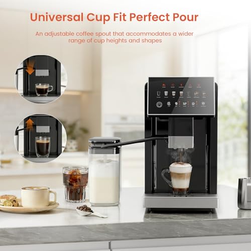 Image of Kismile Automatic Espresso Machine with Grinder & Milk Frother, Latte & Cappuccino Maker, Single /Double Cup, Thickness Adjustment, 1.5L Removable Water Tank