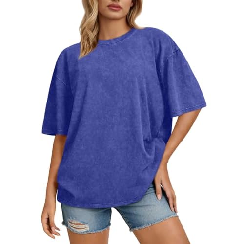 rosemia Oversized Tshirts for Women Acid Wash Short Sleeve Cotton Shirts Vintage Baggy Tops 2026
