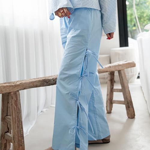 Image of Y2K Gingham Pants for Women Bow Tie Side Slit Wide Leg Lounge Bottom Plaid Checkered Loose Fit Going Out Pants