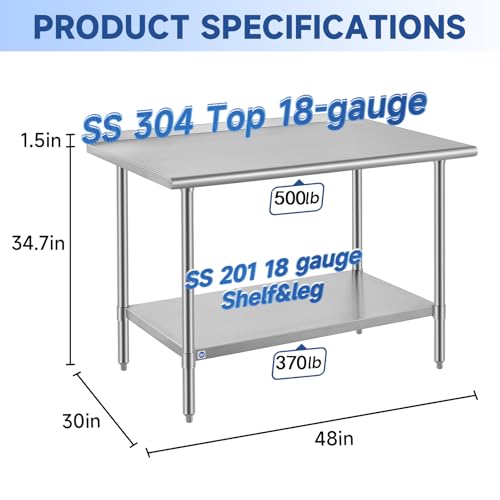 Image of ROCKPOINT SS304 Top All Stainless Steel Table for Prep & Work with Backsplash 30x48 Inches, NSF Commercial Kitchen Heavy Duty Table with Adjustable Undershelf for Restaurant,Kitchen, Home and Hotel
