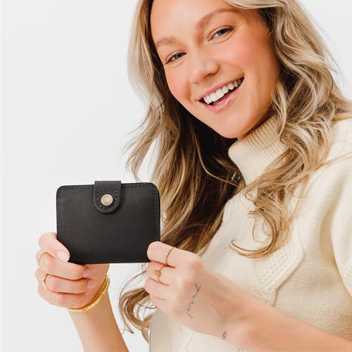 Image of Portland Leather Goods Women's Mini Bifold Wallet - Slim, Palm-Sized Design with Secure Snap Closure, 2 Card Slots, 2 Cash Slots & Zippered Coin Pocket - Black