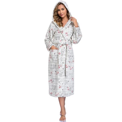 Image of RONGTAI Womens Robes Plush Fleece Hooded Bathrobe Thick Nightgown with Pockets Fluffy Sleepwear