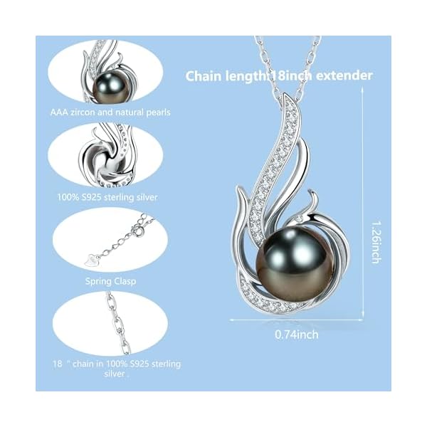 Tahitian Black Pearl Necklaces for Women 10-11mm - Pearl Necklace Phoenix Pendant | with 925 Sterling Silver 18" Chain - Christmas Mothers Day Valentine's Day Gifts For Women Wife Mom Grandma Girlfriend Daughter Her Best Friend Birthday Anniversary Fine Jewelry - Image 5
