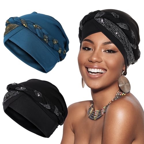 2 pezzi turbante donna bandane ladies fascia elastica beanie hijab pre-legato copricapo a treccia testa donne africane turbante