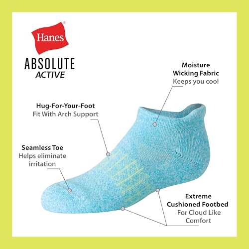 Hanes Cushioned No Show Tab, Absolute Active Heel Shield Socks for Girls, Moisture-Wicking, 6-Pairs3