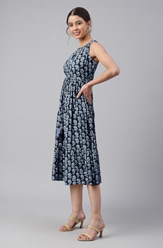 Image of Janasya Women's Cotton Floral Block Print Tiered Western Dress