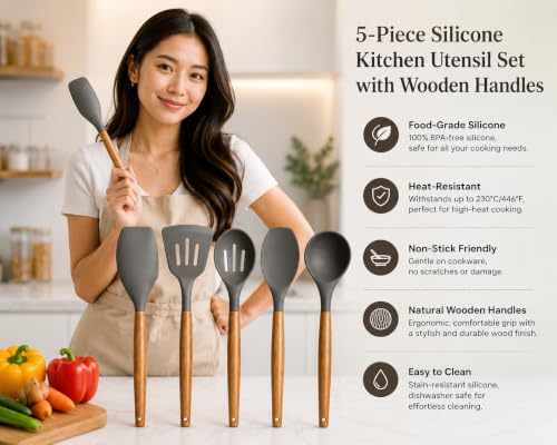 Image of Galley 5PCS Silicone Kitchen Utensil Set with wodden Handel Grey 5 piece