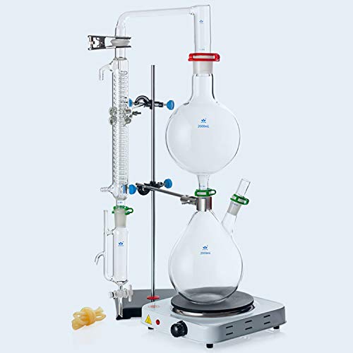 NMVB Aparato de destilación Kit destilador, Aparatos de extracción de aceites Esenciales de 2000 ml, Kit de Cristal de Cristal de destilación de Vapor de Vidrio con Estufa Caliente Graham Condensador