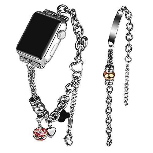 VIIVY VIYIV Bling Bands Compatible with Apple Watch Band 38mm 40mm 42mm 44mm Iwatch SE Series 6/5/4/3/2/1, Women's Rhinestone Charms Strap Double Tour Chain Bracelet Wristband Stainless Steel