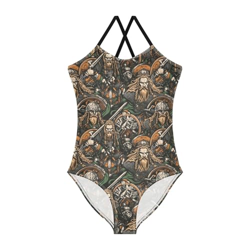 Girls Swimsuits 1 Piecing Bathing Suit Girl Swim Suits for Girls Beach Swimwear Viking Colorful Vintage Pattern