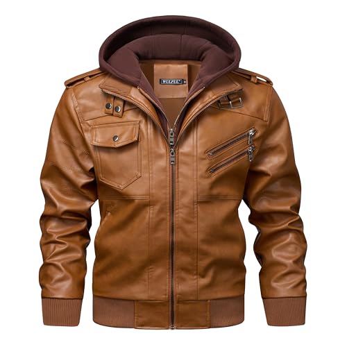 WULFUL Men's Leather Jackets, Faux Leather Jacket for Men Lapel Zip-Up Slim Fit Coat