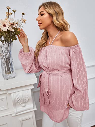 Wdirara Women's Maternity Top Halter Lantern Sleeve Off Shoulder Swiss Dots Belted Blouse Dusty Pink Xl #TOP2