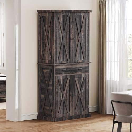 DWVO 72'' Tall Farmhouse Kitchen Pantry, Rustic Wood Kitchen Storage Cabinets with Adjustable Shelves & Drawer, Freestanding Cupboard for Dining Room, Living Room, Dark Grey