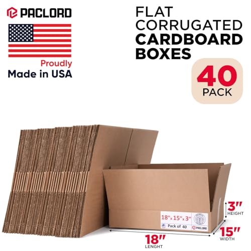 Image of Flat Cardboard Boxes 18 inchL x 15 inchW x 3 inchH (Pack of 40) - USA-Made Packing Boxes for Moving, Shipping, or Storage - USPS, UPS, FedEx Approved - Professional Packing Supplies for Moving | USA-Made Packing Boxes for Moving, Shipping, or Storage - USPS, UPS, FedEx Approved - Professional Packing Supplies
