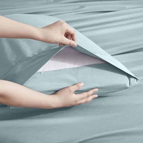 Image of Nestl Extra Deep Cal King Sheet Set - 6 Piece Breathable & Cooling Sheets - Hotel Luxury Bedding Set w /18-24 Inch Deep Pockets - Easy & Secure Fit - Super Soft, Wrinkle Free & Comfy - Light Blue