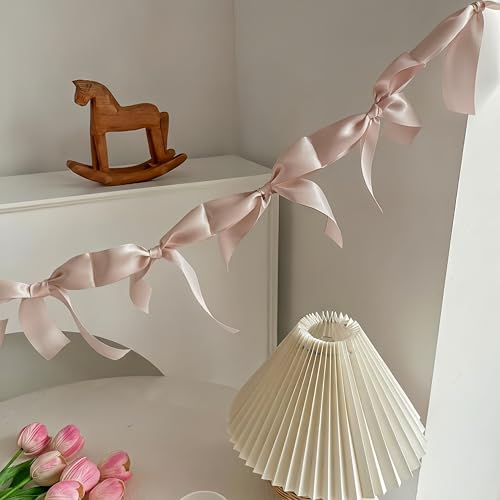 Image of Dusty Pink Bow Garland, Pre-Assembled 6 ft - Single Accent Decoration for Bridal Shower, Baby Shower & Birthday Parties | Soft Matte Satin Bows (Dusk Rose)