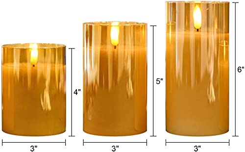 Image of GenSwin Glass Flameless Candles Battery Operated with Remote Timer, LED FLameless Flickering 3D Wick Pillar Candles Real Wax for Festival Wedding Christmas Home Party Decor(Gold, Pack of 3)