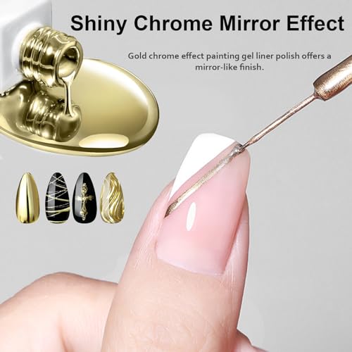 Gold Liner Gel Nail Polish - Metallic Gold Gel Liner Nail Art - 3D Mirror Effect Painted Drawing Nail Gel with Thin Brush - 10ml Glossy Chrome Gel Soak Off UV/LED Nail Art Manicure - Image 4