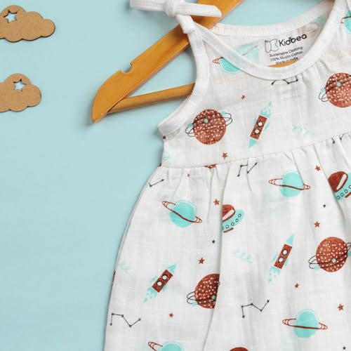 Image of Kidbea Muslin Frock for Baby Girls | Cotton Dress for Newborn Babies | Sleeveless, Tie-Up Shoulders Summer Wear Clothes