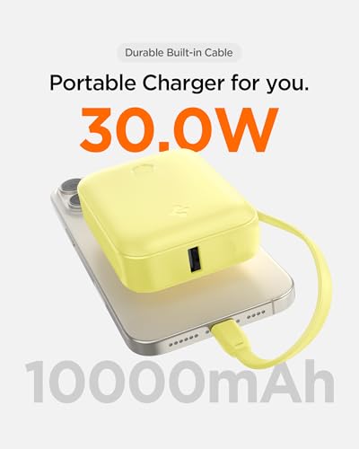 Image of Spigen ArcPack 10000mAh Power Bank with Built-in USB-C Cable,30.0W Fast Charging, 1 Type-C Cable, 1 Type-C Port, 1 USB-A Port - (ABS + PC | Pastel Yellow)