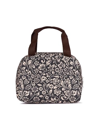 Image of ZOUK FloMotif Floral Printed Jute Black Insulated Lunch Tiffin Storage Picnic Tiffin Storage Picnic Bag