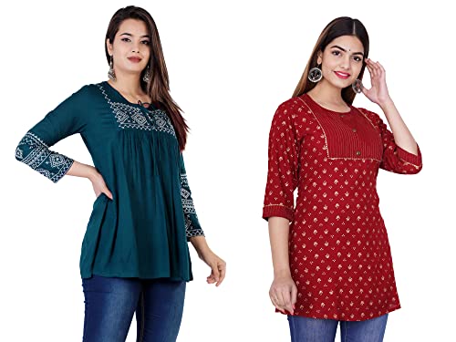 Image of Shiva Fab Short Kurti for Women | Embroidered Straight Rayon Kurta | Round Neck Full Sleeves Short Kurti for Women's Combo Pack of 2