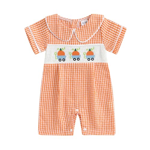 Baby Boy Smocked Pumpkin Romper Short Sleeve Embroidery Truck Babydoll Collar Gingham Jumpsuit Halloween Clothes