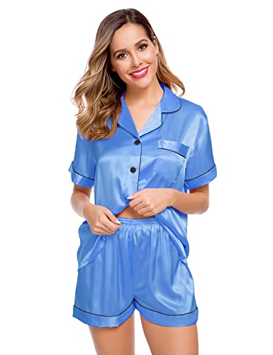 Image of LecGee Womens Silk Satin Pajamas Short Sleeve Loungewear Two-Piece Sleepwear Button-Down Pj Set