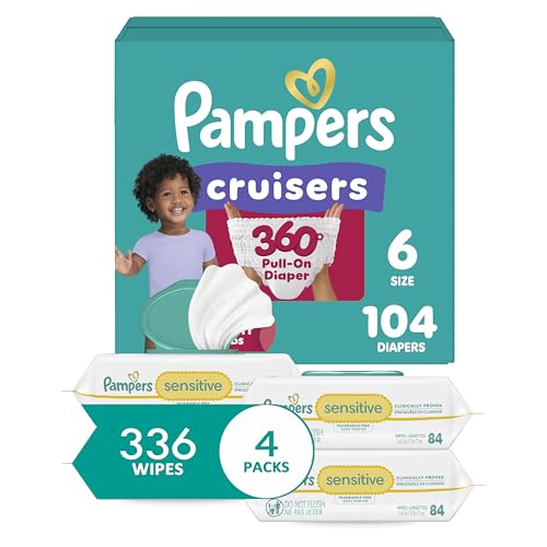 Pampers Pull On Cruisers 360° Fit Disposable Baby Diapers Size 6, 104 Count with Sensitive Water Based Baby Wipes 4X Pop-Top Packs (336 Count) - image 1