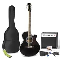 All-in-one electro acoustic guitar starter kit combines classic dreadnought body, built-in 40W amp, clip-on tuner, soft case, and a precise string cleaning tool with reusable microfibre pad. Designed for learners and experienced players alike, this c...