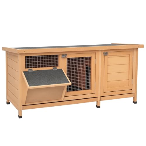 PawHut Wooden Rabbit Hutch Bunny Hutch Cage Guinea Pig with Waterproof Roof, No Leak Tray and Feeding Trough, Indoor/Outdoor, Natural