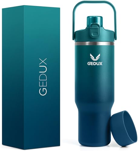 32 oz Stainless Steel Tumbler with Handle and Straw, Vacuum Insulated Water Bottle with 2-in-1 Lid (Chug/Straw) and Silicone Boot,Keeps Drinks Hot and Cold