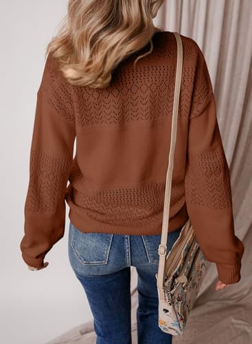 Image of SHEWIN Women's Sweaters Casual Long Sleeve V Neck Crewneck Lightweight Crochet Pullover Sweater Tops