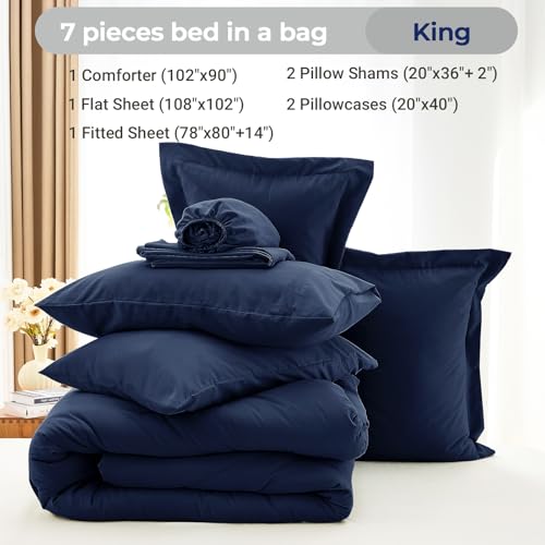MUXHOMO 7 Pieces King Comforter Set, Soft Bed in a Bag King Size, All Season Bedding Set with Comforter, Flat Sheet, Fitted Sheet, Pillowcases & Shams, Navy Blue