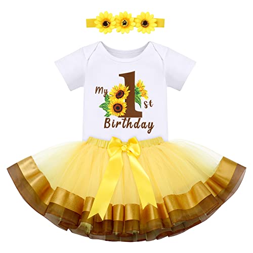 One Year Old Birthday Floral Lace Party Cake Smash Outfits Short Sleeve Top Princess Romper Bodysuit +Tutu Rainbow Skirt Set+Headband 3PCS Photo Shoot Baptism Clothes Sunflower-1st birthday 1 Year old