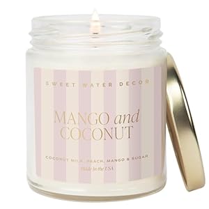 Sweet Water Decor Mango and Coconut Patterned Candle – Soy Candles with Pineapple, Mango, Orange, Peach – 40 Hour Burn – 9oz Clear Glass Jar – Ideal for Valentines Presents or Any Special Occasion