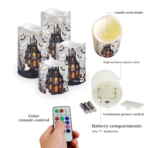 Image of Halloween Haunted House Color Changing Electric Candles | Halloween Flameless Candle Set with Remote Control, Battery Operated Fake Candles for Kitchen Room Home Decor, 4 Pack