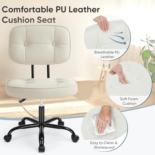 Image of DUMOS Home Office Desk Chair - Ergonomic Armless PU Leather Computer Rolling Task Chair,with Comfy Lumbar Support and Height Adjustable, Vanity, Bedroom, Living Room, Beige