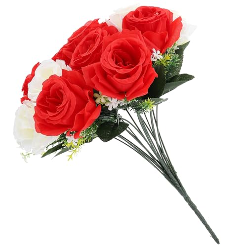 SOIMISS Bouquet Fiori Artificiali per Cimitero 18 Teste Fiori Finti per Tomba Colori Bianco e Rosso Decorazione Duratura per Funerali e Commemorazioni Dimensioni Compatte