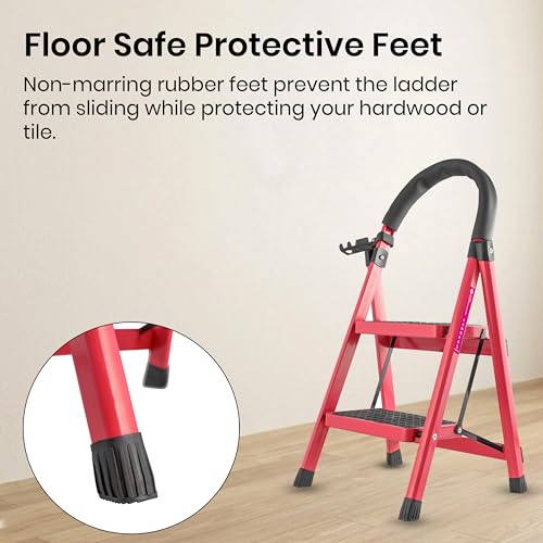 Image of Casa Copenhagen Red 2 Step Ladder for Home Use with Built-in Tool Tray | Heavy Duty D Shape Rods | Ultra Large Platform | Wide Rubber Feet | 150Kg Capacity Foldable Ladder - 7 Years Warranty