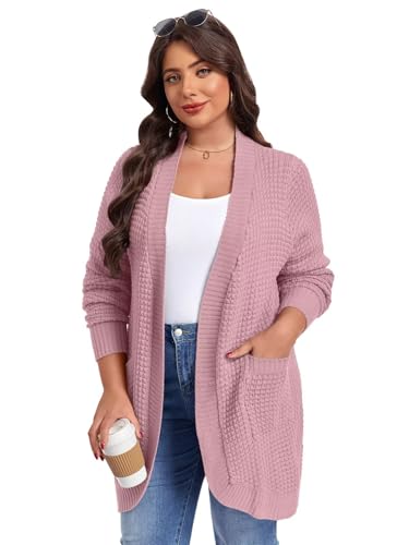 Image of LARACE Long Cardigans for Women Plus Size Tops Open Front Sweaters with Pockets Waffle Ribbed Sleeve Loose Fall Outwear
